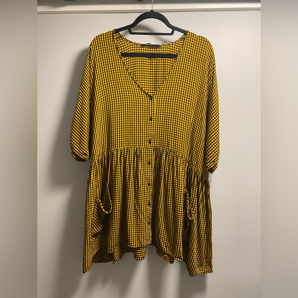 Zara Premium Denim yellow + black checkered shift dress with front pockets